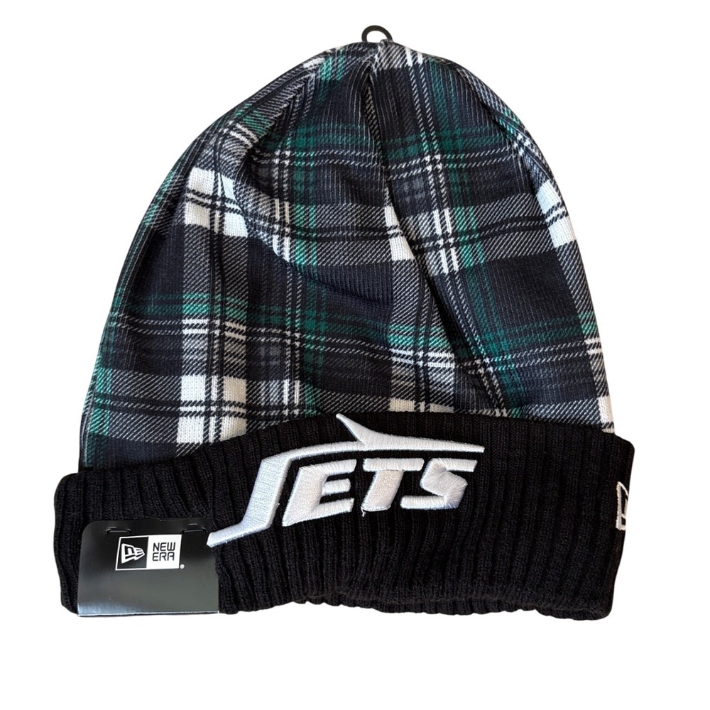 New Era Beanie New York Jets Mens Green Plaid Cuffed Knit Hat NWT SIZE OSFA